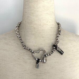 Uno De 50 Silver Plated Beaded Heartfelt Large Heart Necklace Padlock Key 18"